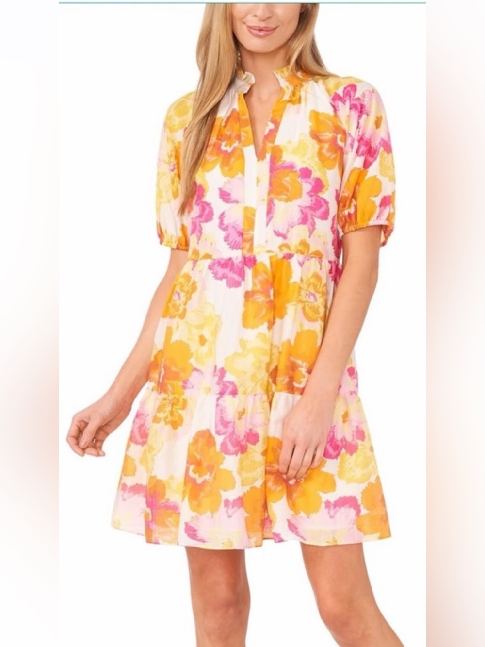 CeCe Floral Tiered Dress in White, Pink & Yellow